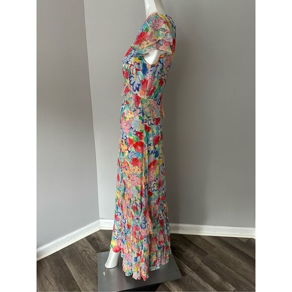 NWT Rixo Floral Flutter Cap Sleeve Thanvi Tiered Silk Maxi Dress Multicolor XXS - Picture 7 of 12